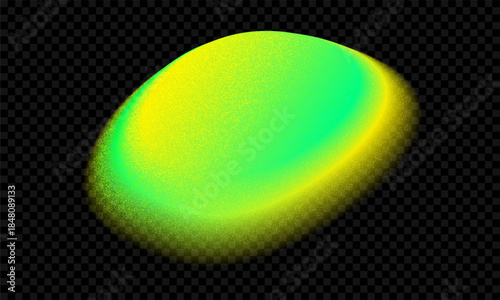 Green aura gradient shape. Blur yellow color gradation blob element. Noise and glow texture overlay. 3d y2k round figure neon splash vector. Geometric vibrant ombre button with grainy effect