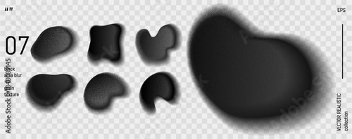 Black aura gradient shape. Abstract blur blob set with digital noise texture. Fluid grey y2k element with soft watercolor ombre and grain overlay. Liquid dark bubble with smooth goth palette flow