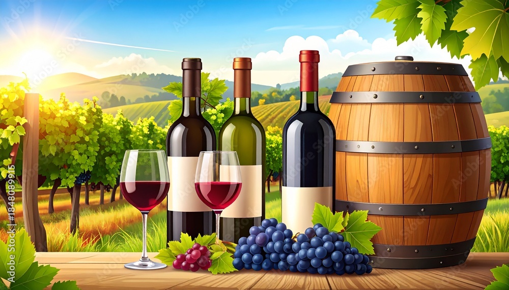 Fototapeta premium Bottles And Wineglasses With Grapes And Barrel In Rural Scene