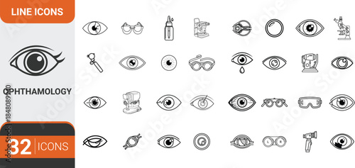 Line icons set Ophthalmology. Containing icons related to medical eye care, optometry, vision correction, and more.