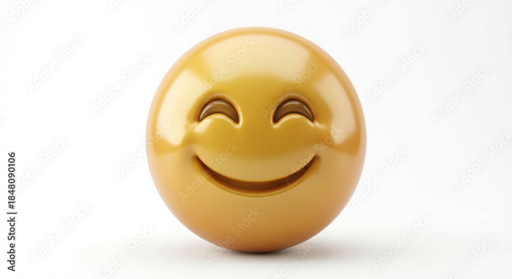 Fototapeta premium Glossy golden happy face emoji 3D render isolated on white background