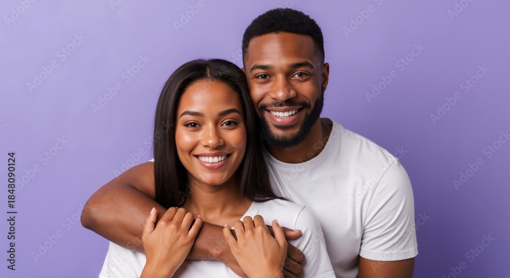 Obraz premium Happy young African American couple smiling and hugging. Portrait of a loving black man and woman embracing on a purple background with copy space
