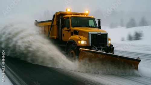 Yellow snowplow truck clearing snowy highway with plow motion snow winter foggy forest