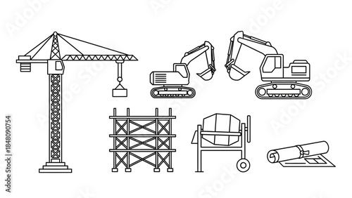 Building Machinery Blueprint: A detailed graphic set of construction equipment, showcasing architectural blueprints and tools for building. 