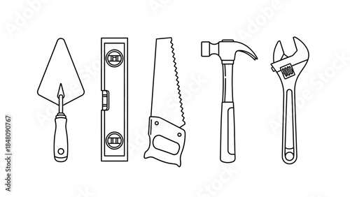 Essential Construction Toolkit: An orderly arrangement of a trowel, level, saw, hammer, and adjustable wrench, capturing the essence of construction essentials.