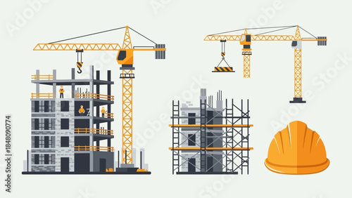 Construction Site Elements: An illustration presents construction site elements. Including crane, building frame, scaffolding, and safety helmet, symbolizing the process of development and safety.