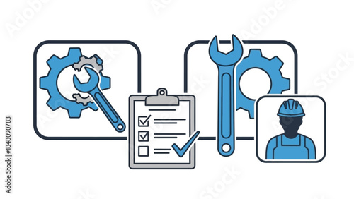 Maintenance and Inspection Essentials: A graphic arrangement featuring gears, wrench, checklist and technician, representing the core elements of maintenance and inspection processes.