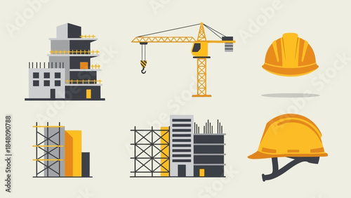 Construction Essentials: A compilation of essential elements in the construction domain. Featuring architectural structure in building process. showcasing a crane and safety helmet.