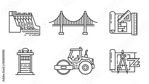 Engineering Marvels: Line art icons showcasing the elegance of design blueprints, the strength of bridges and structures, and the raw power of infrastructure.