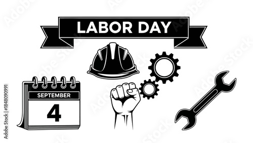 Labor Day Symbols: Symbolic depiction of Labor Day, featuring a collection of representative icons: calendar, tools, and construction hat.