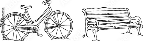 Outdoor winter park elements, hand drawn vintage bicycle, snowy garden bench, christmas season decor, holiday town, vector