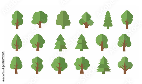 Flat green tree icon set with modern minimal forest symbols for education infographics banners and UI design