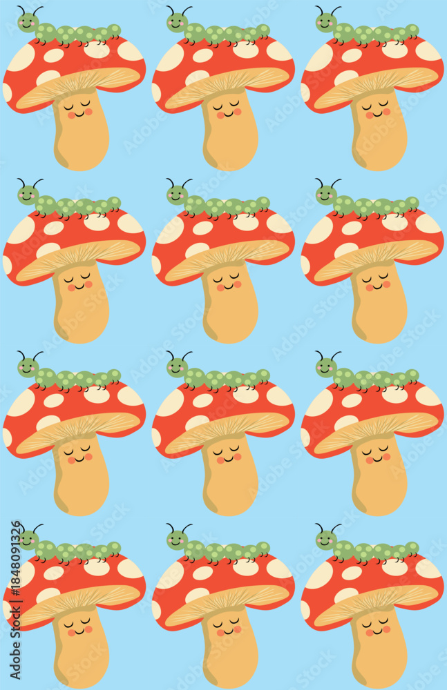 Obraz premium Seamless Vector Pattern with Red Amanita Mushrooms and Cute Caterpillars