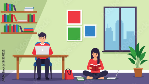 Home Office Scene with Man Working on Laptop and Woman Reading, Bookshelves and Window