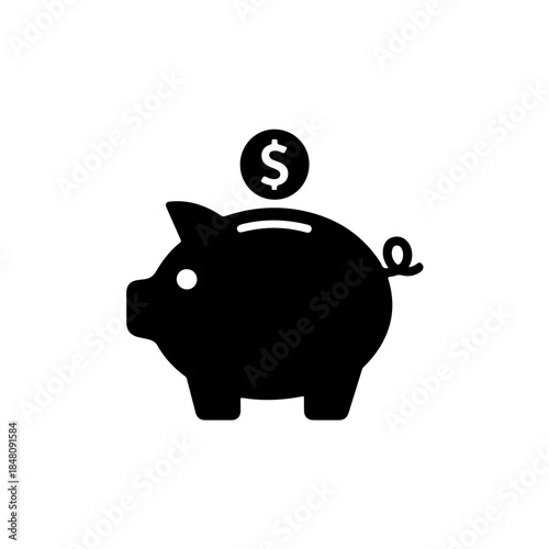 Vector illustration black piggy bank with a dollar coin on top