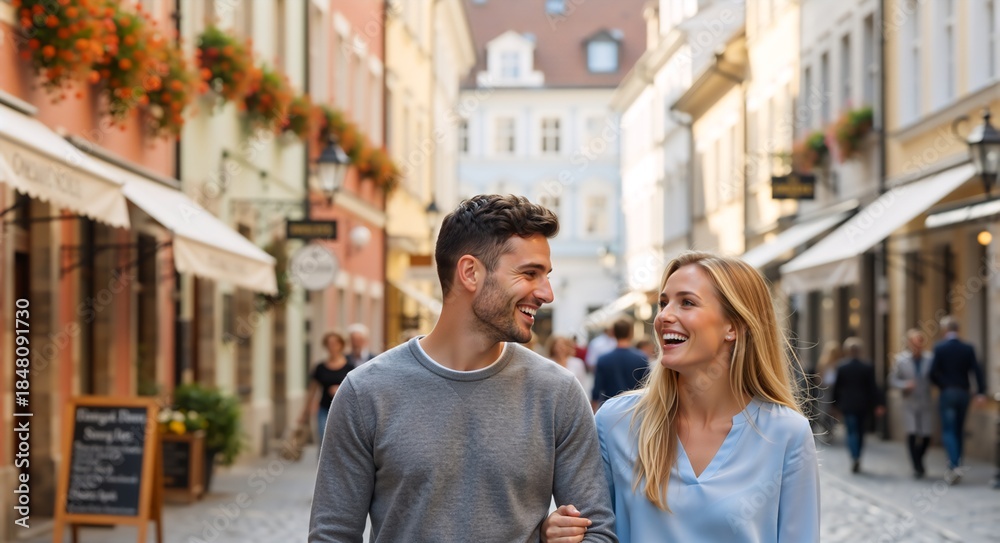 Obraz premium A happy young couple walking and smiling on a charming European city street. Man and woman enjoying a romantic travel vacation together. Tourism and sightseeing concept