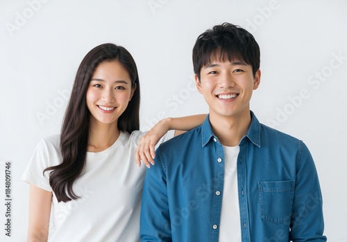 Portrait of a happy young Asian couple smiling together. Cheerful man and woman in a loving relationship posing against a white background with copy space