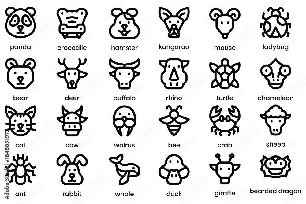 Fototapeta premium set of animals icon with simple line use for web and zoology infographic, editable stroke, nature, mammals, predator, insect, fish, wild life and vector .