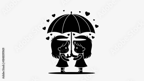 Two girls under an umbrella.