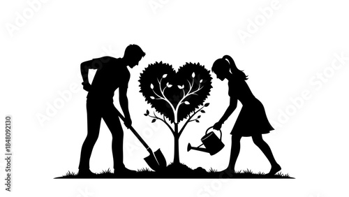 Silhouette of couple planting tree.
