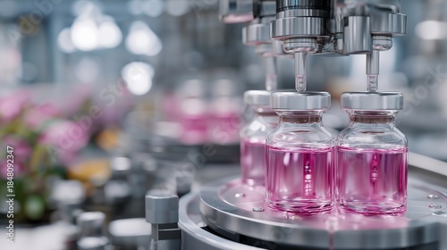 A futuristic skincare lab where robotic arms fill glass vials with collagen-infused serums, LED lights reflecting on stainless steel surfaces — beauty tech manufacturing, scientific purity, and