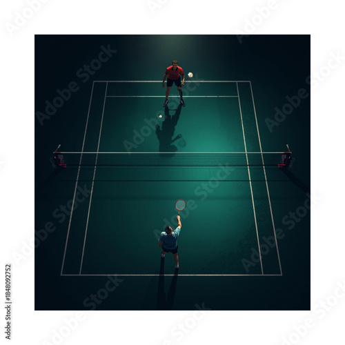 Tennis players in action on illuminated court at night