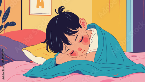 Child Hugging Comforting Blanket in Bright Vector Illustration