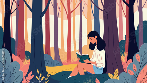 Peaceful Solace: Person Reading Under a Tree in Sunlit Forest, Vector Illustration