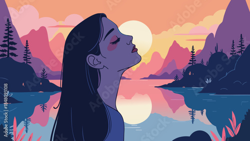 Vector Illustration of Calm Face in Contemplation over Still Lake at Dawn