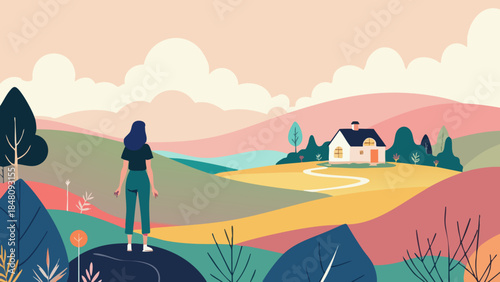 Serene Vector Landscape with Solitary Figure Contemplating Nature