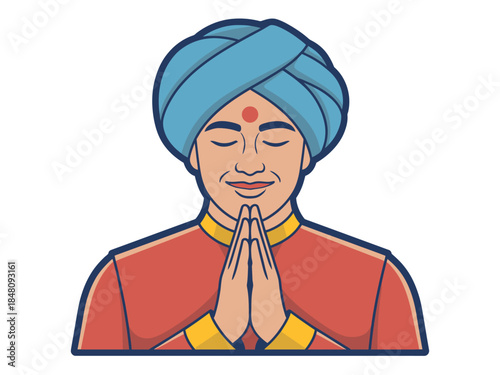 Indian Man in Traditional Attire Praying with Hands Together in Namaste Gesture