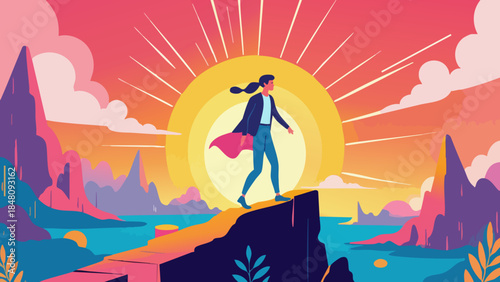 Vector Illustration of Person Overcoming Shadow Stepping into Light at Dawn