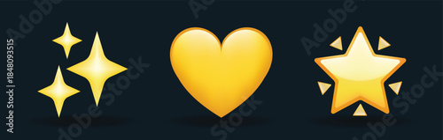Yellow color heart and golden stars vector emoji illustration set