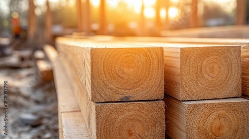 Stack of rough sawn wooden structural beams in warm sunlight