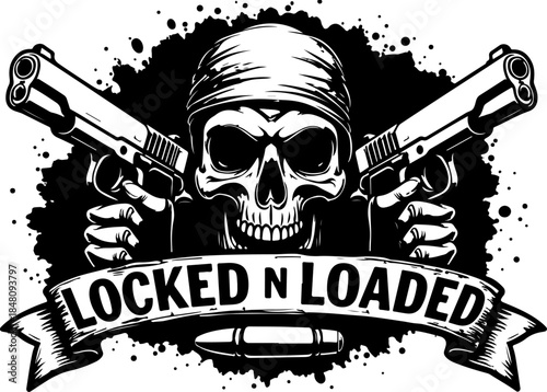 Locked and Loaded Skull with Crossed Pistols Illustration