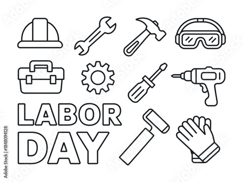 Labor Day Tools and Equipment Icons for Workers and Construction Sites