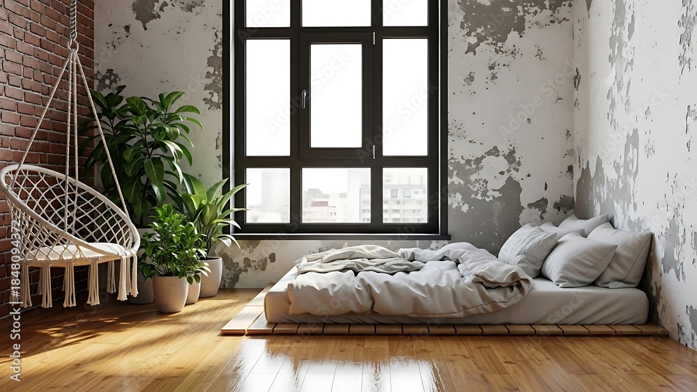 Fototapeta premium Modern Bedroom with Large Window and Hanging Chair