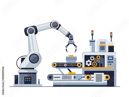 Automated Robotic Arm and Conveyor Belt System in a Modern Factory Setting