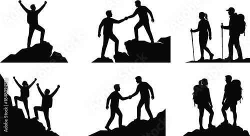 Hiking and mountaineering silhouette icon set showing climbers helping each other, teamwork, achievement, outdoor adventure, and trekking scenes, black vector illustration