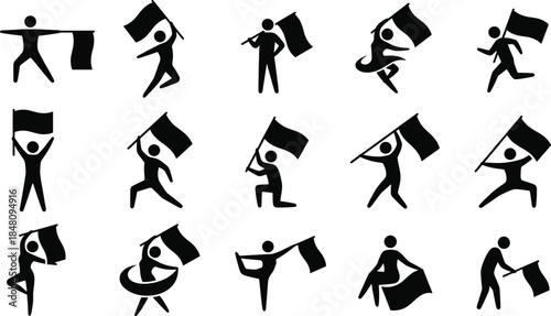 Flag waving people silhouette icon set with dynamic poses, celebration, protest, sports fan movements, black vector illustration collection for events and activism design