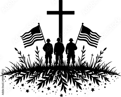 Military Memorial Silhouette with Cross, Flags, and Soldiers