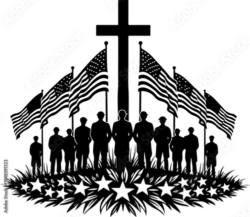 Military Memorial Silhouette with Cross, Flags, and Soldiers