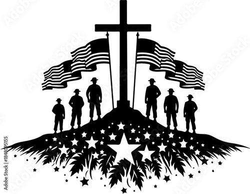 Military Memorial Silhouette with Cross, Flags, and Soldiers