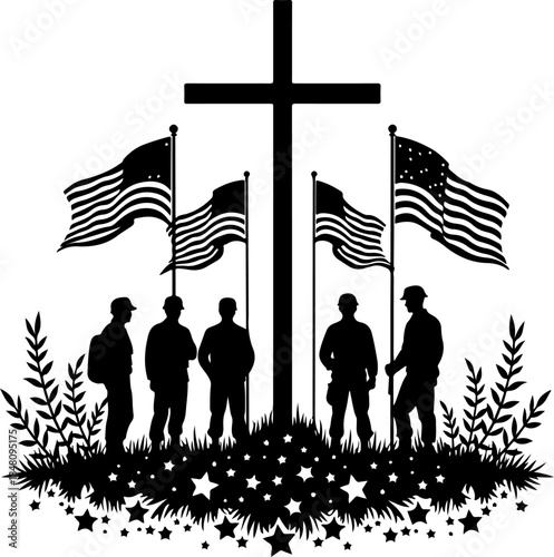Military Memorial Silhouette with Cross, Flags, and Soldiers