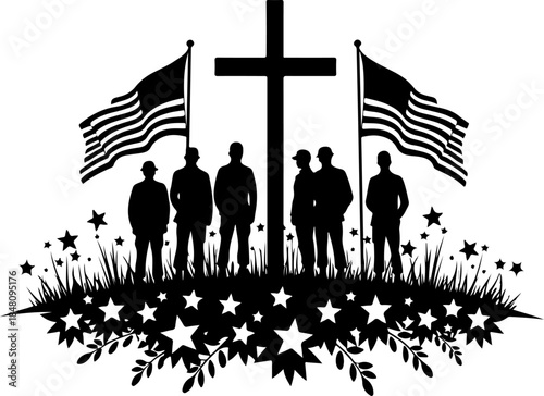Military Memorial Silhouette with Cross, Flags, and Soldiers