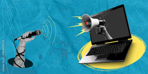 A trendy halftone collage depicts a hand holding a microphone. The interview is conducted over a laptop, from which protrudes a hand holding a megaphone. This concept is a metaphor for news and interv