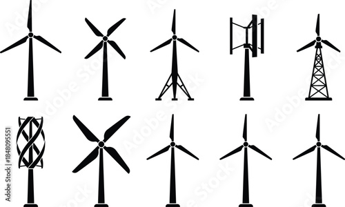 Wind turbine silhouette icon collection showing renewable energy generators, black and white vector set for clean power, sustainability, industry, and environmental design projects