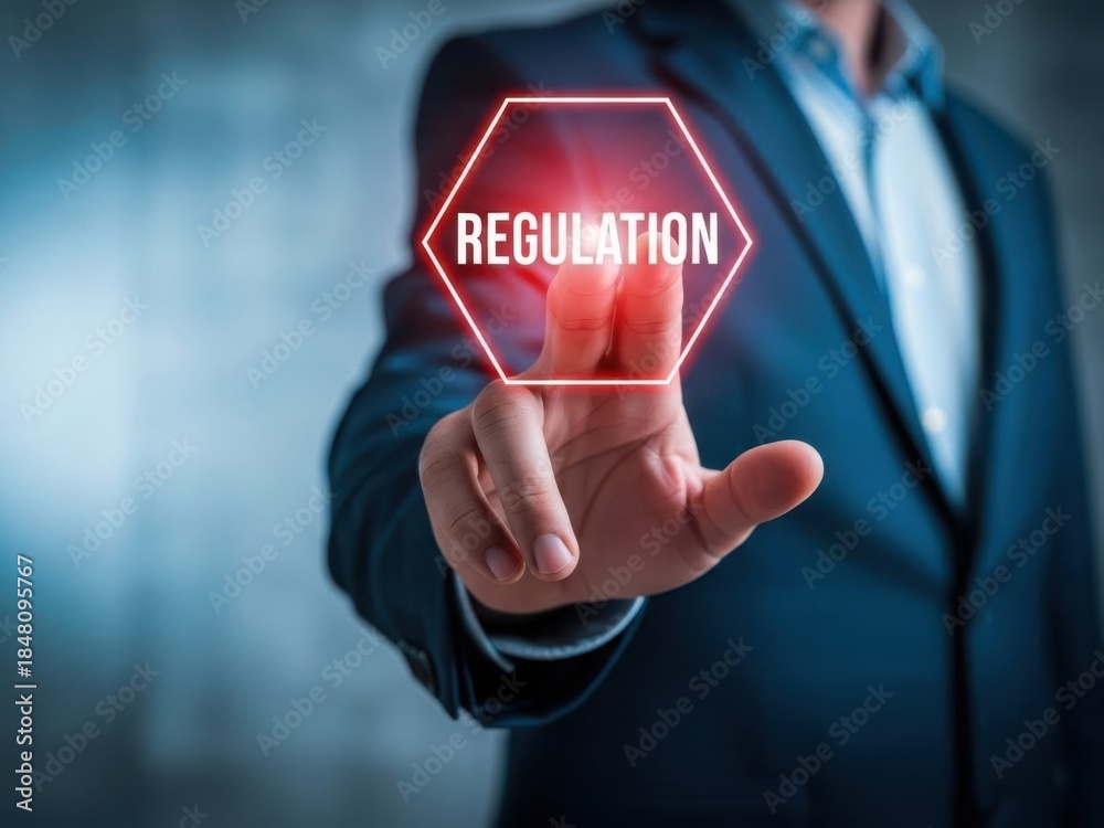 Obraz premium Businessman interacting with regulation icon on virtual screen in office setting with blurred background