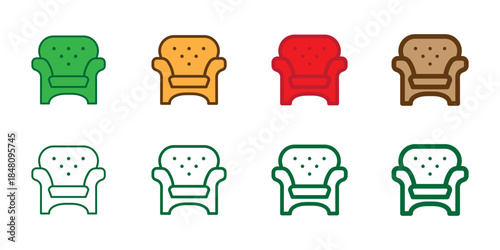 Armchair icon set in linear and solid styles. Furniture icons with editable stroke for line versions, isolated on a transparent background. Suitable for interior design, catalogs home decor projects.