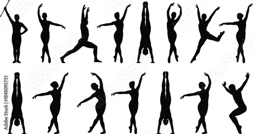 Gymnast and ballet dancer silhouette pose collection with graceful movements, black and white vector set for dance, fitness, performance, and motion design projects